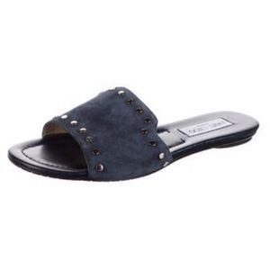Nanda Studded Suede Flat Slide Sandals, Navy